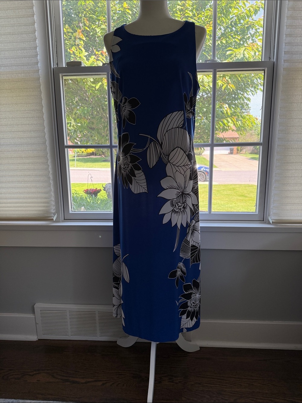 Anne Klein Blue Maxi Dress with White & Black Floral Print